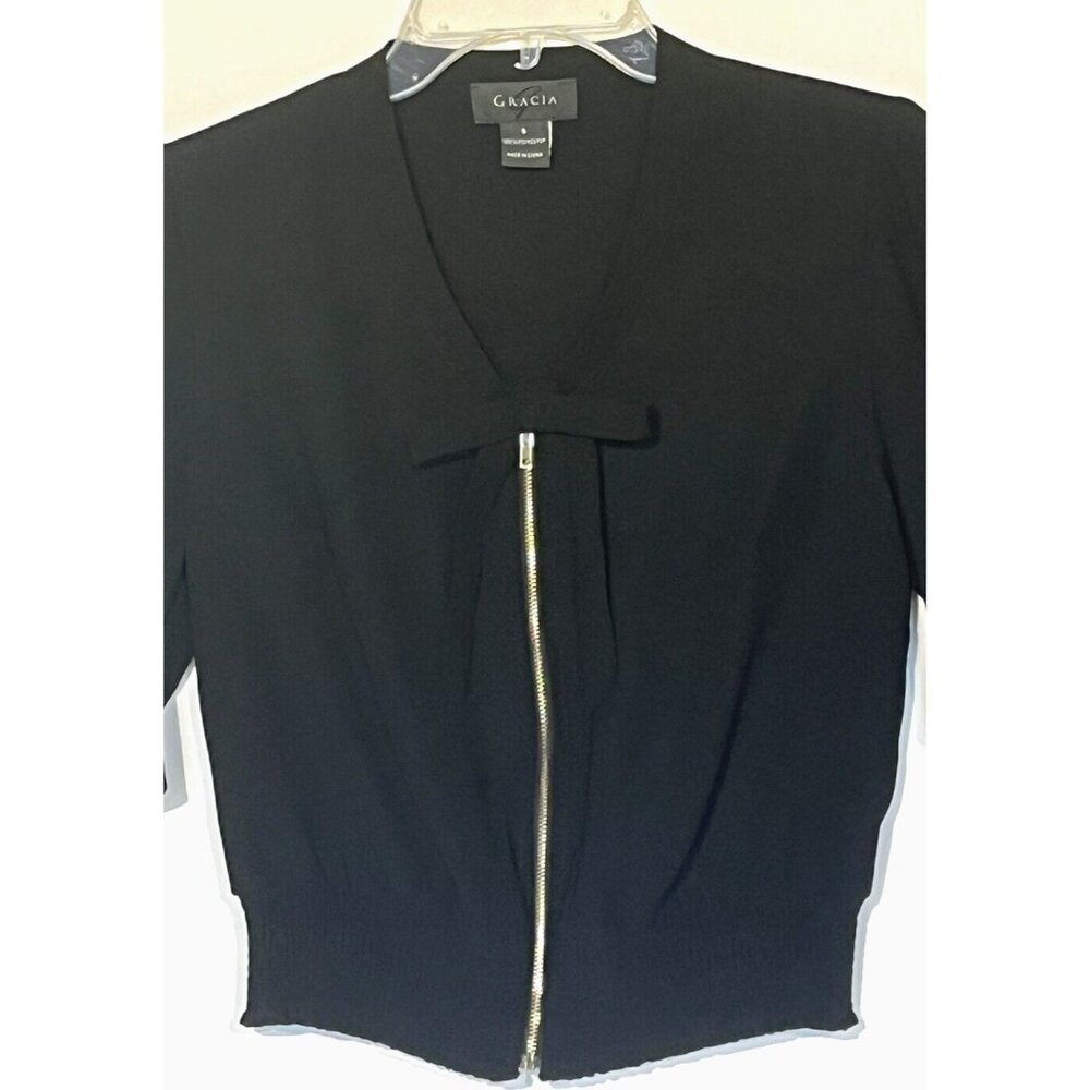 New Gracia Black Ruffle Sleeve V-Neck Zip Blouse Top - Picture 12 of 15